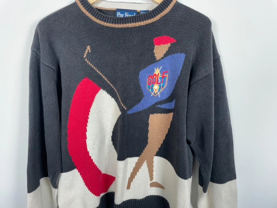 Suéter de Golf Par Four Adulto Grande Negro Marfil Grueso Algodón Tejido Años 90 Preppy Foto 4 de 4