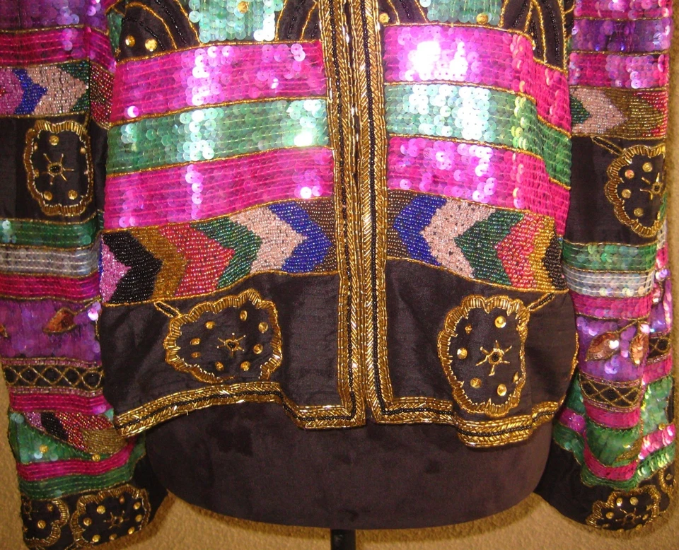 Vintage Laurance Kazar 80s silk sequins beads multicolor cropped lined jacket 3X - Image 3 of 4