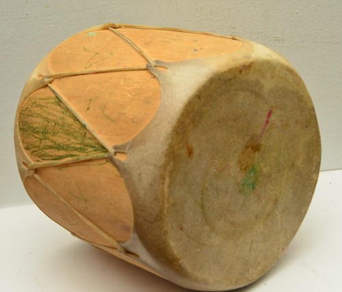 NATIVE AMERICAN  RAWHIDE DOUBLE SIDED LOG DRUM 9.5" Tall 9” Wide