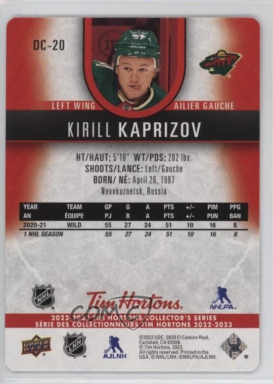 2022-23 Upper Deck Tim Hortons Collector's Series Red Die-Cuts Kirill Kaprizov - Image 2 of 2