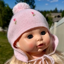 Sweet Pink Handmade Crochet Baby Hat w/ Ear Covers Tulip Flower Design Adorable