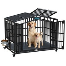 54" Heavy Duty Dog Crate, Chew-Proof Large Dog Cage w/4 Locking Latches Tray