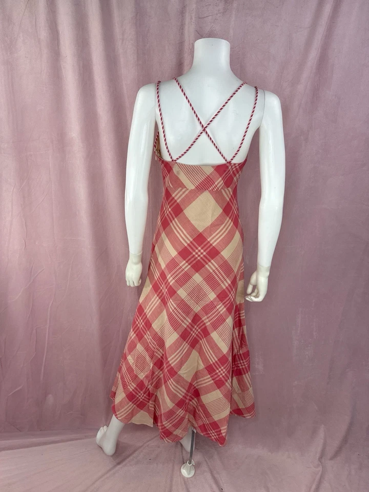 Maxi Vestido Polo Ralph Lauren Mujer Rosa a Cuadros 100% Algodón Talla 2 Cuello en V Foto 3 de 4