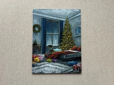 Cozy Christmas Bedroom Original Oil Painting Winter Night Lights Holiday Artwork