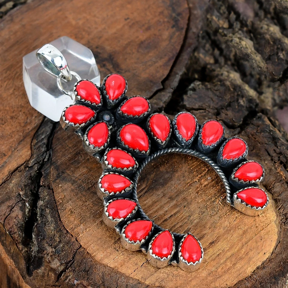 Regalo Para Mamá Colgante Navajo Hecho a Mano Piedras Preciosas Coral Rojo Plata Esterlina 3.00" Foto 3 de 4