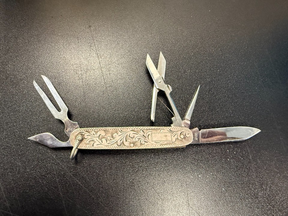 Vintage Japan Sterling Silver Floral Engraved 5-Tool Pocket Knife Multi Tool