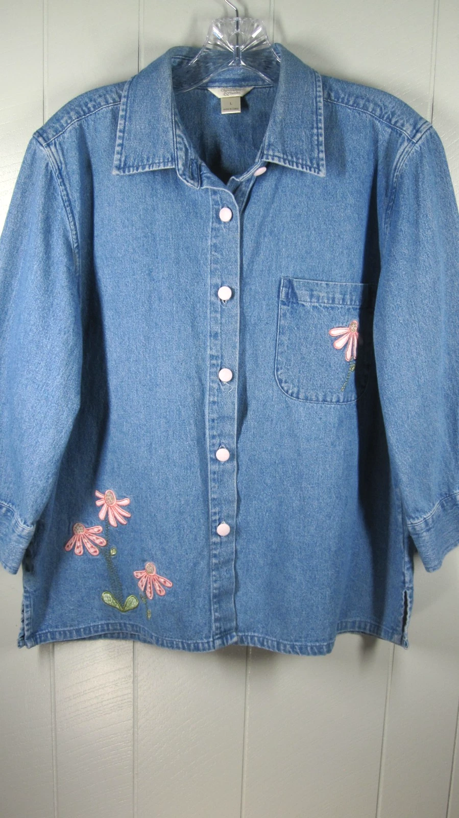 Denim Shirt Women's L Button up Floral Applique Cottage Core Grandma Core Retro