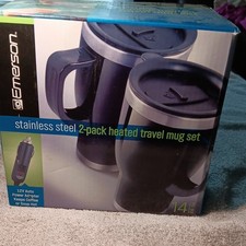 Heated Travel Mug Set Stainless Steel 12V Auto Adapters 2 - 14 OZ. EMERSON