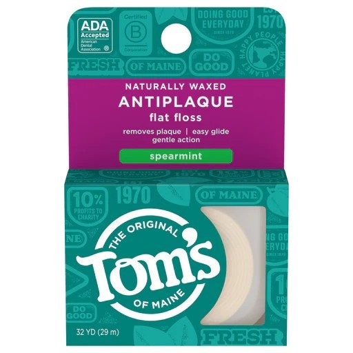 Зубная нить Toms Of Maine Floss Flat-для борьбы с зубным налетом, Мятная 32-дюймовая нить длиной 32 ярда