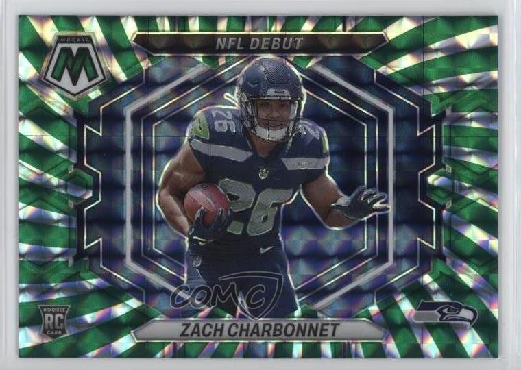 2023 Mosaic NFL Debut Green Swirl Prizm 1/11 Zach Charbonnet Rookie RC 01mg