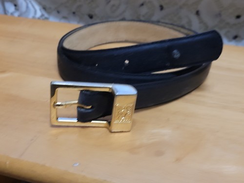 Vintage Anne Klein for Oroton Black Leather Gold Buckle Belt Medium 38"