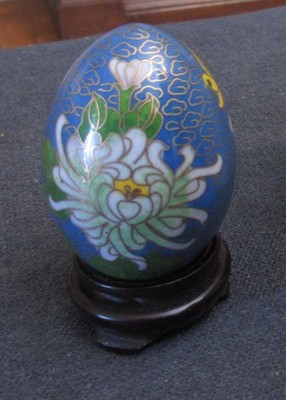 Vintage Chinese Cloisonne Enameled Egg Figurine Floral 3  w/ Stand & Box #2 sjcx
