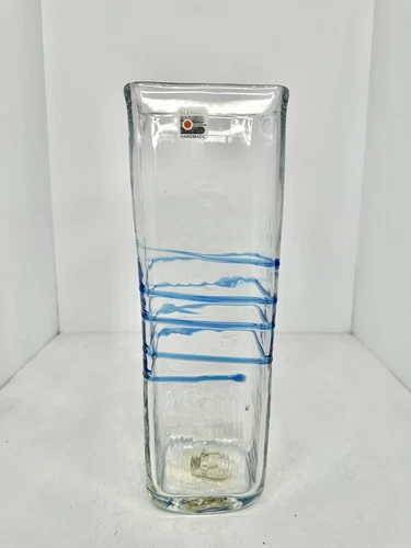 Vintage Blenko Glass 9618s 12” Square Blue Swirl Vase W/label Stunning