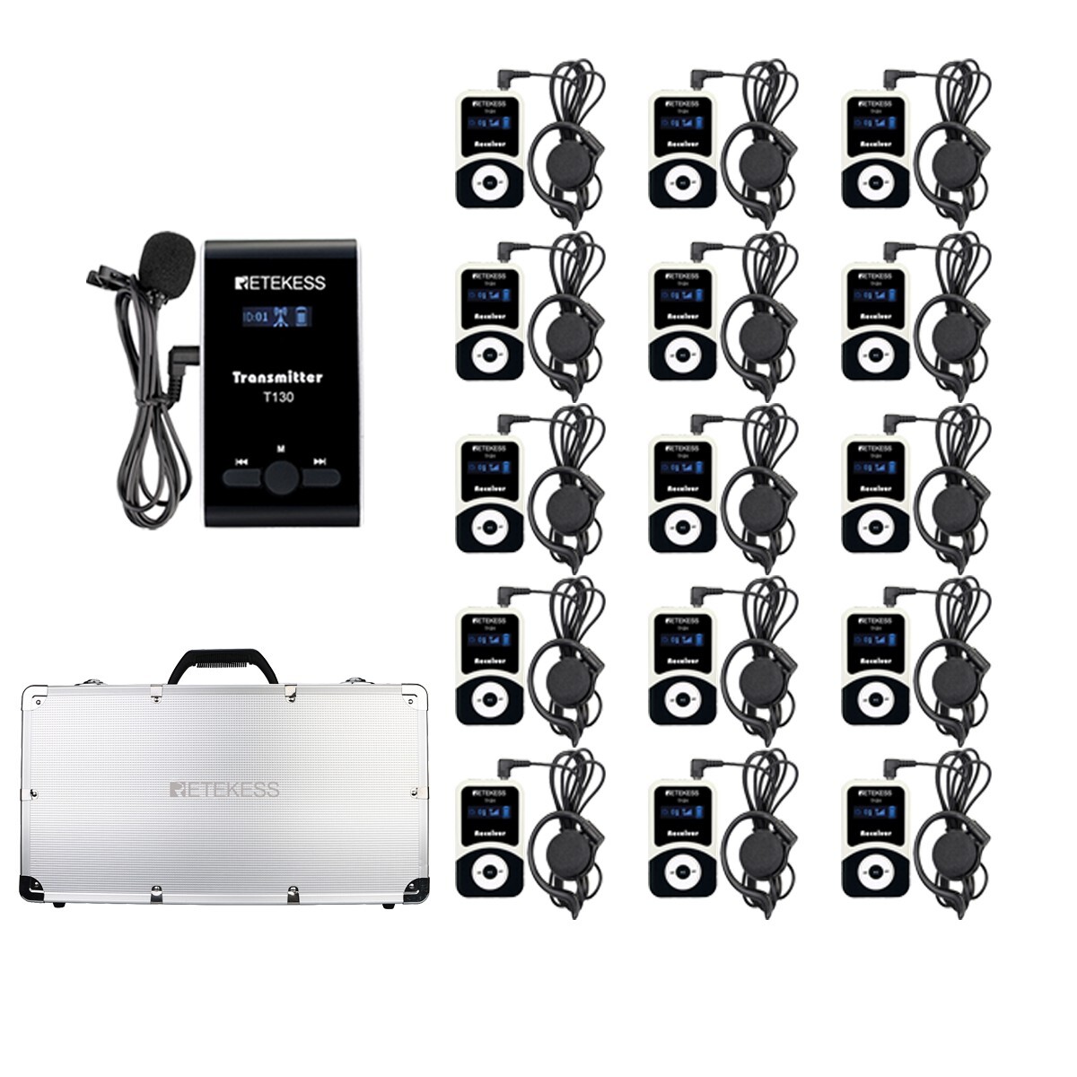 Retekess T130 Wireless Tour Guide System Transmitter 15 Receiver Charging Case
