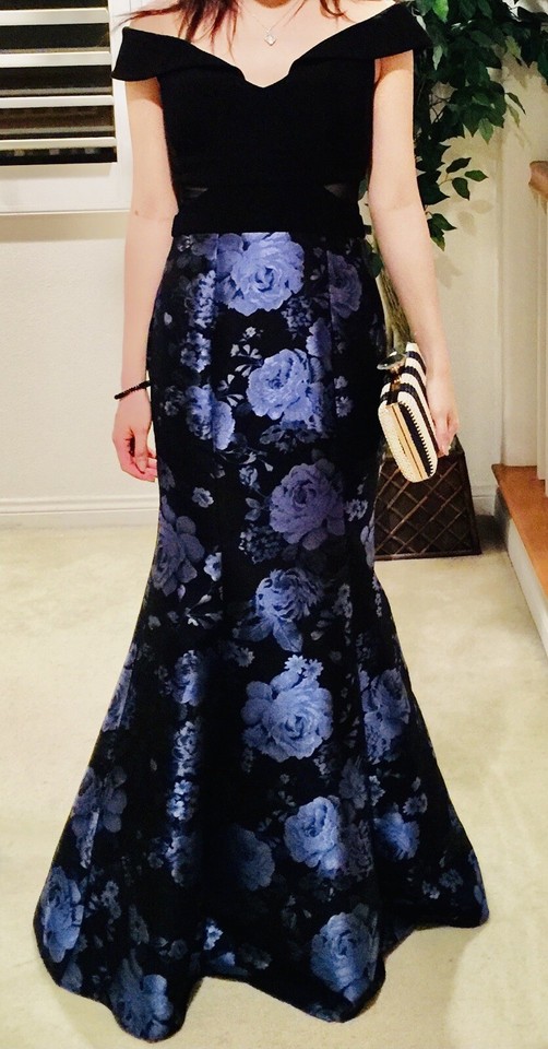 XSCAPE OffTheShoulder Shimmer Wrap Style Gown Blue Black Formal Dress