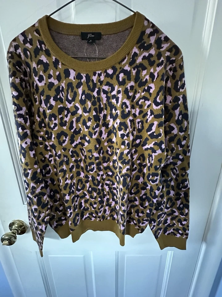 J Crew женщин мериносовой смеси Crewneck розовый/коричневый леопард свитер размер Med новый с Ярлыками