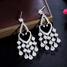 Women Sparkling Cubic Zirconia Tassel Long Dangle Earrings Silver Plated Jewelry