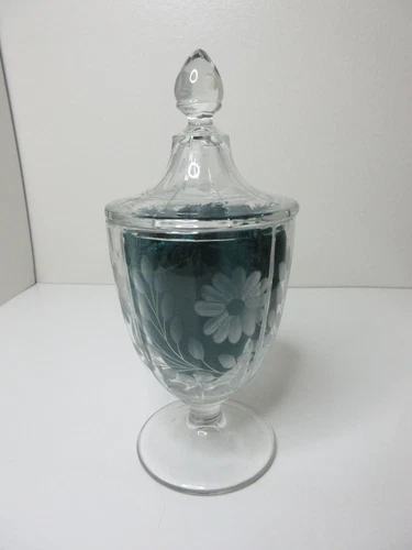 Vintage Etched Glass Footed Candy Jar with Lid