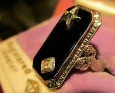 14K WHITE GOLD DECO onyx MASONIC EASTERN STAR DIAMOND RING/ official stamp