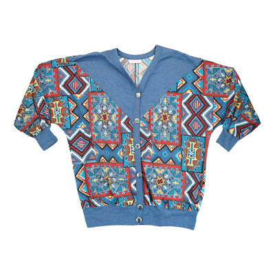 Vintage YOUNG STUFF Blue Southwestern/Aztec Fringe Button-Up Shirt