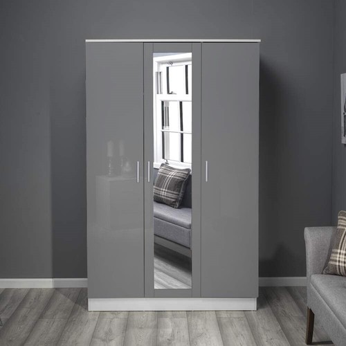 REFLECT 3 Door Mirrored Wardrobe 180 x 113 x 47 in Grey High Gloss & Matt White eBay