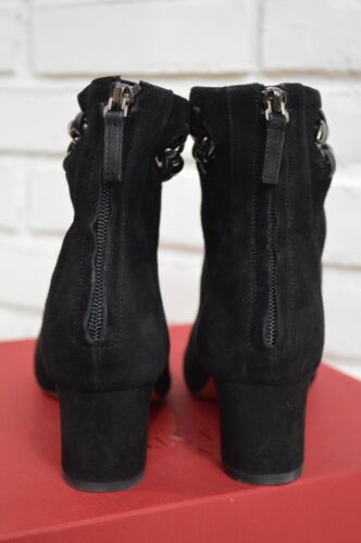 VALENTINO Chain Trim Black Suede Leather Low Heel Boots Booties sz 
