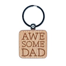 Awesome Dad Fun Text Father Engraved Wood Square Keychain Tag Charm