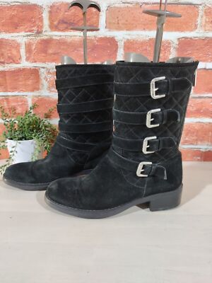 AQUATALIA SCHWARZE HALBHOHE STIEFEL UK 7 EU 40 GESTEPPT VELOURSLEDER SCHNALLEN REISSVERSCHLUSS DAMEN ABSATZ