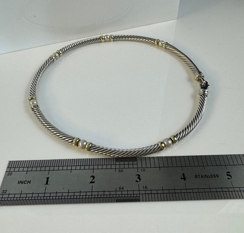 David Yurman 925 Silver & Pearl Station Cable Choker Necklace W/ 14k Gold Accent - Picture 2 of 10