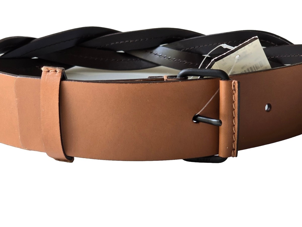 Gucci camel brown leather belt square buckle braided 70-28 100