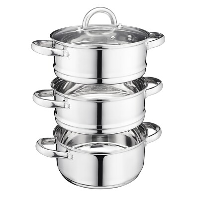 Cooks Professional Edelstahl Dampfgarer | 3 Ebenen | 18 cm | Glasdeckel