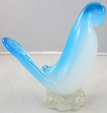 Vintage Small Hand Made Formed ART GLASS BIRD Light Blue White Base Decorative