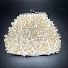 Vintage Style Faux Pearl Satin Kiss Lock Evening Bag Cream Bridal Clutch