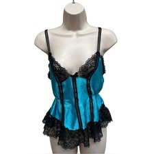 Vintage blue satin cami lingerie tank top black lace trim medium fairy grunge