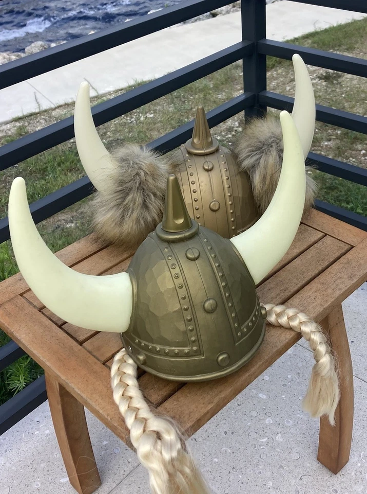 PAIR of Adult Nordic Viking Barbarian Helmets Faux Fur Horns Braids Costume - Image 2 of 4
