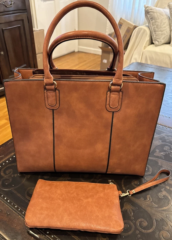 NEW Faux Leather Laptop Bag & Purse Set Cognac Brown Shopper Career Handbag Tote - Image 2 of 4