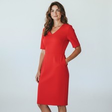 Eliza J Red Solid Sheath Dress Lined Zip V-Neck Short Sleeve Midi Sz 12