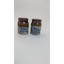 Emson Home Sweet Home Stoneware Vintage Salt Pepper Shakers Brown Blue Crock