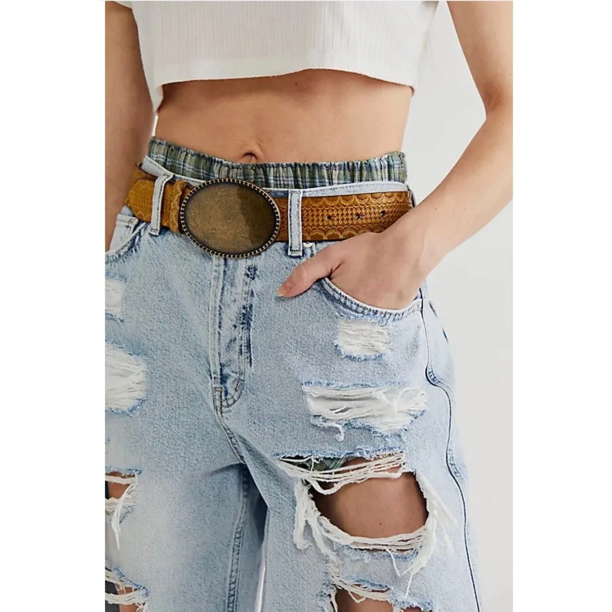 RARE*FREE PEOPLE Medallion Cowhide Leather Link Bohemian Belt S/M-FP.COM 2021\' The Ranch Rope - Brown | MOTHER DENIM main image 4