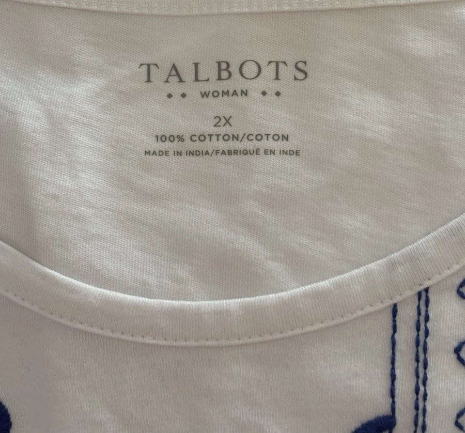 NUEVO CON ETIQUETAS Talbots Mujer Talla 2X Blanco Algodón Bordado Cuello Redondo Pullover Camiseta Foto 3 de 4