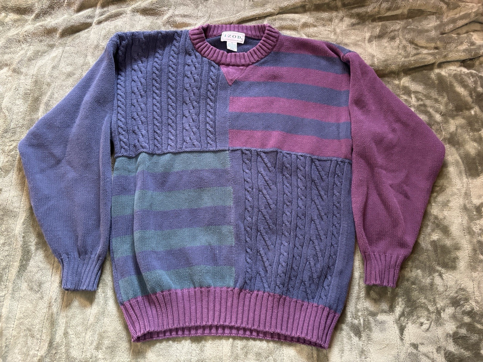 Izod Sweater Mens Small Blue Red Chunky Cable Knit Colorblock Crewneck Pullover