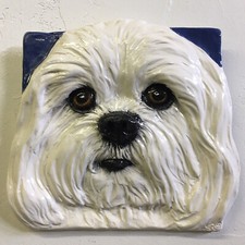 Shih Tzu Ceramic dog tile wall hang handmade sculpture by Sondra Alexander Art