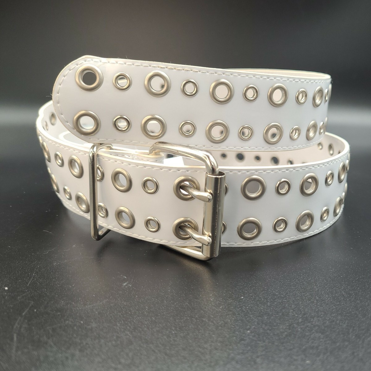 Women Style Belt PVC Leather Double Row Eyelet Belt (White)