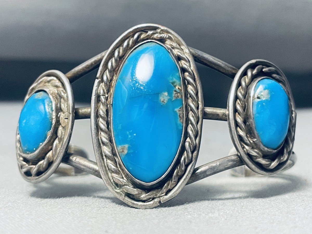 Superlative Vintage Native American Navajo Blue Diamond Turquoise Sterling Silver Bracelet Old Superlative Vintage Native American Navajo Blue Diamond Turquoise Sterling Silver Bracelet Old