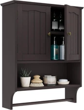 Brown Wall Cabinet with Towel Bar - Medicine Cabinet with Adjustable Shelves, ov