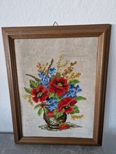 Gobelin Stickbild mit Rahmen Blumen in Vase gebraucht handmade
