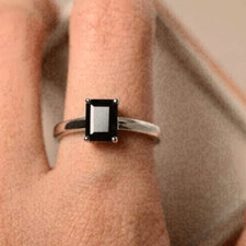 3Ct Emerald Cut Black Diamond Solitaire Engagement Ring In 14K White Gold Finish