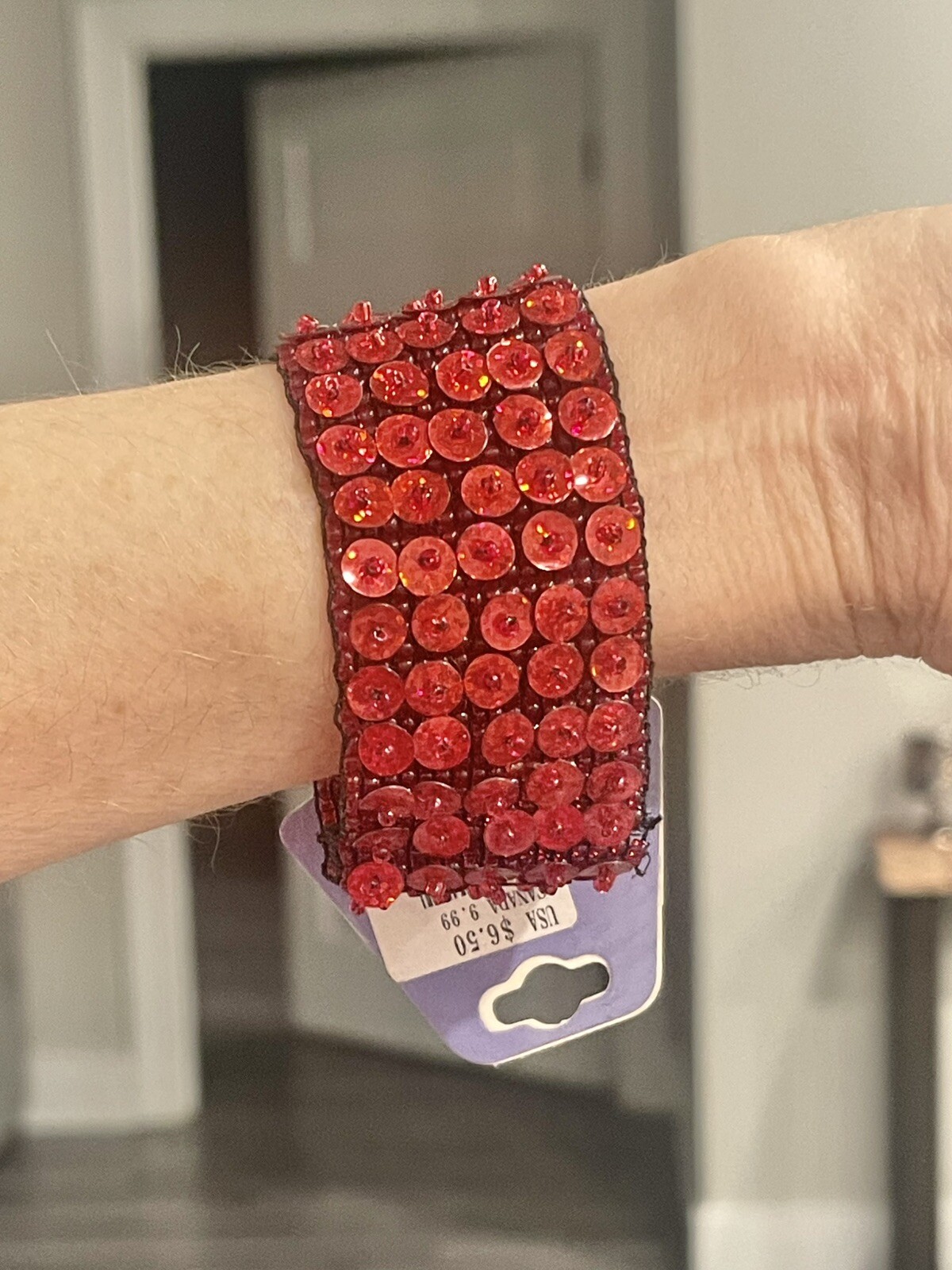Vintage Ruby Red Sequins Beaded Stretch Bracelet … - image 2
