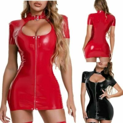 Woman's Latex Wet Look Mini Dress Faux Leather Zipper Front Bodycon Party Dress