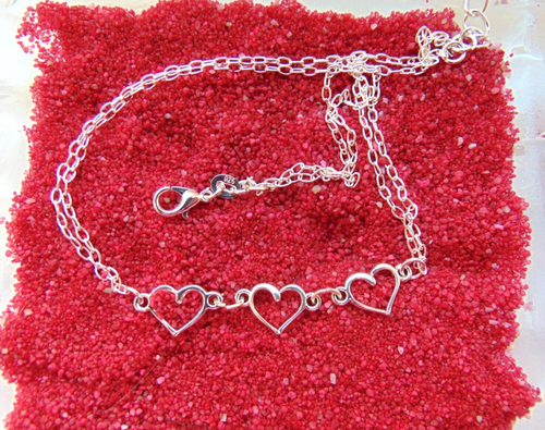 925 Silber    3 Herzchen mit Ring     XXL Fußkettchen 31 u 4 cm L. 34 cm Strand - Zdjęcie 1 z 8